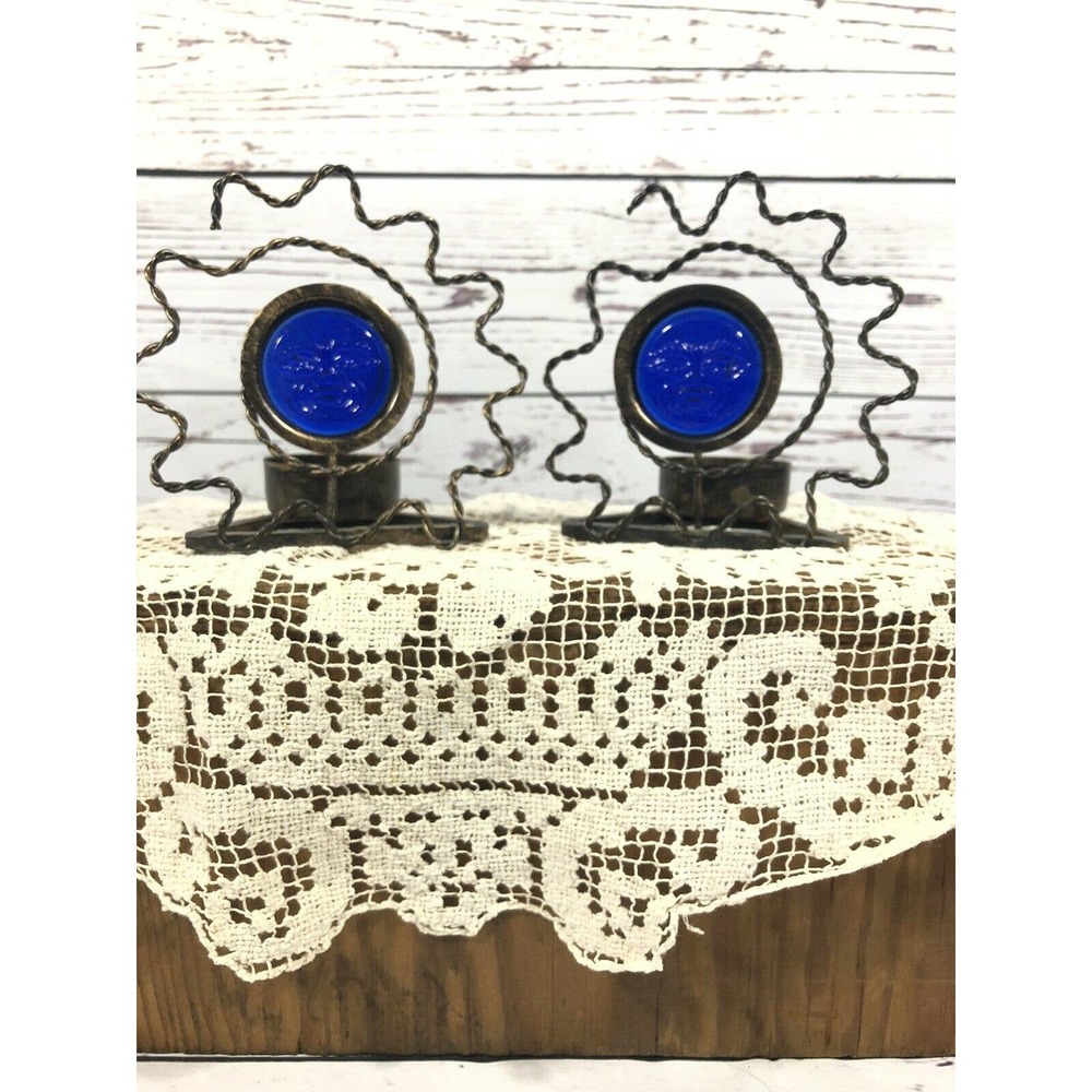 Cobalt Blue Glass & Metal Sun Face Candle Holder